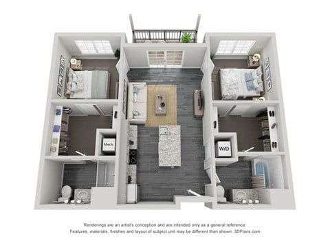 Floor plan for 2 beds, 2 baths, 976 sqft